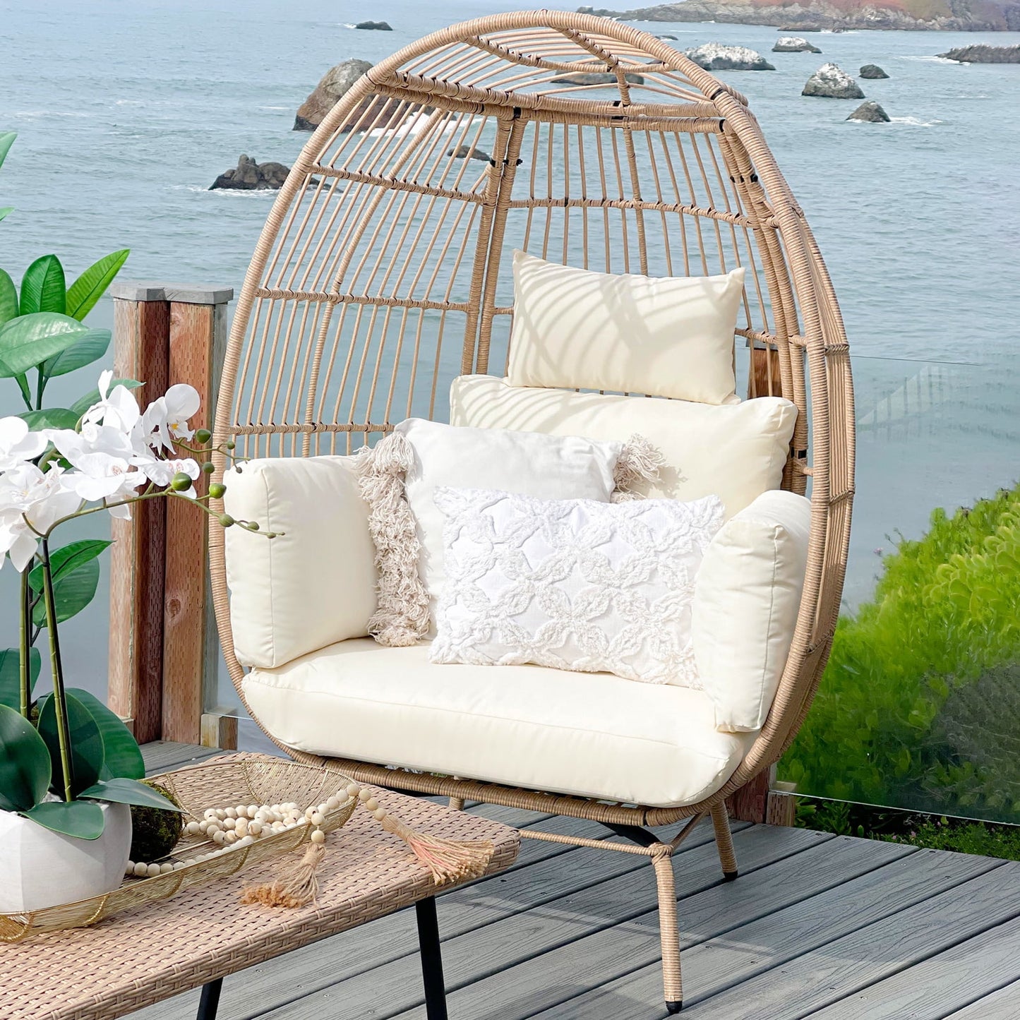 Wicker Outdoor Narrow Egg Chair, Patio Rattan Basket Chair with Stand & Cushion Cocoon Chair - Gray